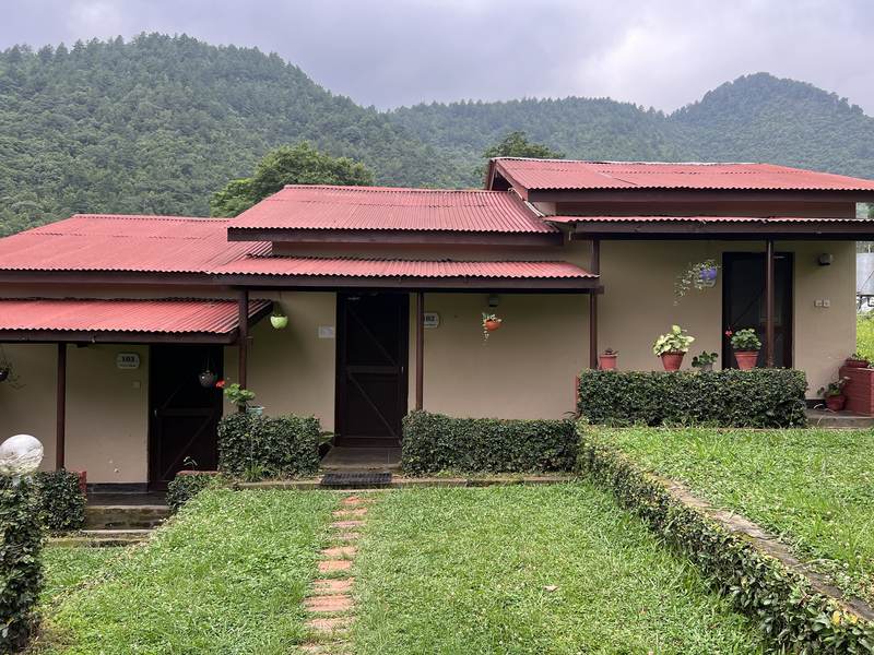 Garden cottages with red roofs